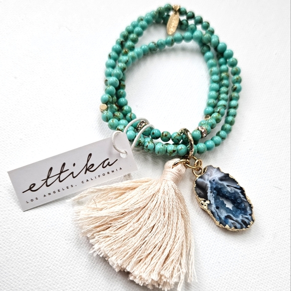 Turquoise & Agate Beaded bracelet with tassel NWT! - Picture 1 of 5